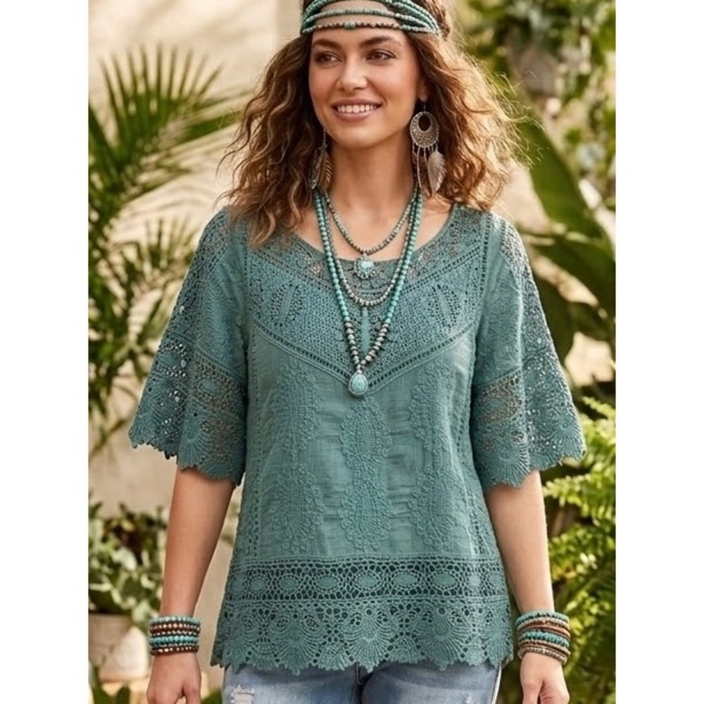 Democracy Teal Green Crochet Lace Embroidered Cotton Boho Blouse L